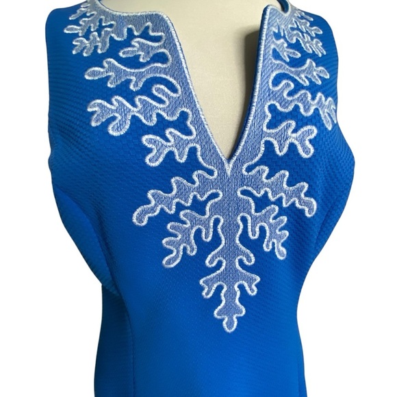 Pappagallo Marine blue w/white embroidered neckline sleeveless sheath dress sz-6 - Picture 6 of 11